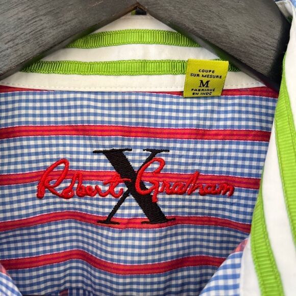 Robert Graham Blue Red Stripe Contrasting Cuffs Button Down Dress Shirt - Picture 3 of 14